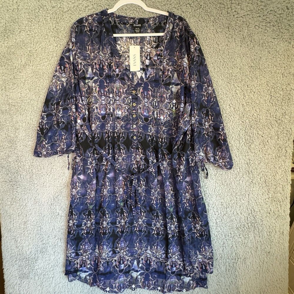 Evans Plus‎ Size Blue Pattern Moody Moment Shirt Dress 3/4 Sleeve Size 26/28 NWT